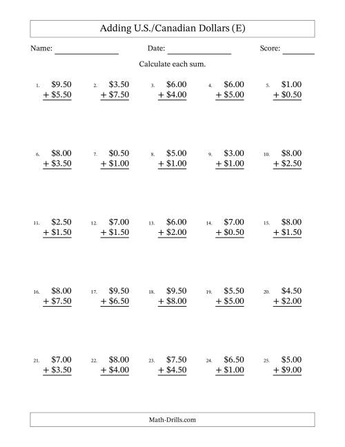 The Adding U.S./Canadian Dollars With Amounts from 0.50 to 9.50 in Increments of Fifty Cents (E) Math Worksheet