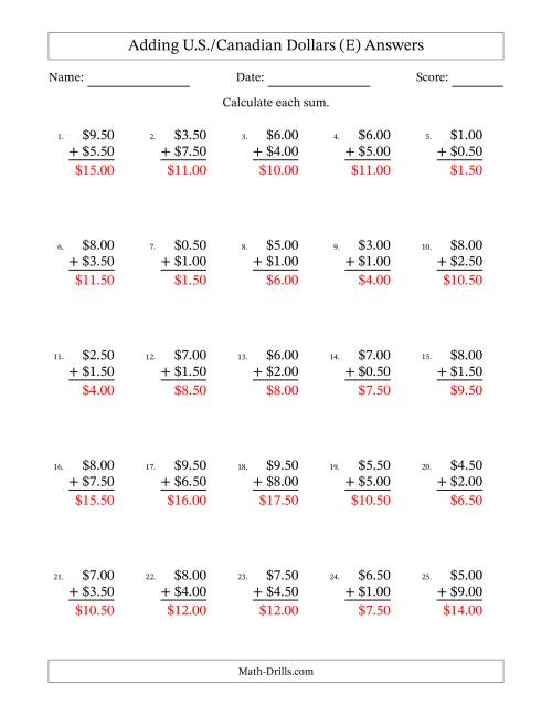 The Adding U.S./Canadian Dollars With Amounts from 0.50 to 9.50 in Increments of Fifty Cents (E) Math Worksheet Page 2