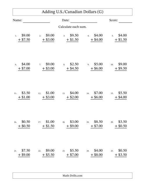 The Adding U.S./Canadian Dollars With Amounts from 0.50 to 9.50 in Increments of Fifty Cents (G) Math Worksheet