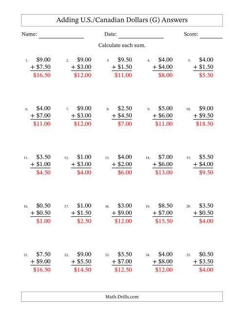 The Adding U.S./Canadian Dollars With Amounts from 0.50 to 9.50 in Increments of Fifty Cents (G) Math Worksheet Page 2