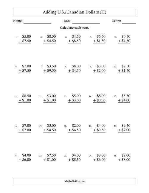 The Adding U.S./Canadian Dollars With Amounts from 0.50 to 9.50 in Increments of Fifty Cents (H) Math Worksheet