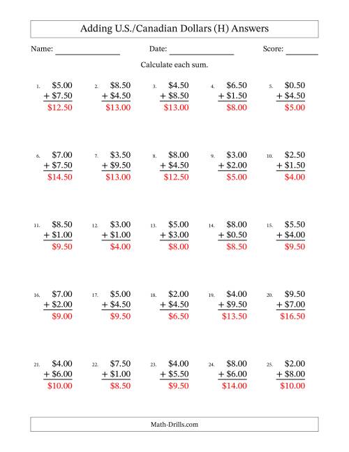 The Adding U.S./Canadian Dollars With Amounts from 0.50 to 9.50 in Increments of Fifty Cents (H) Math Worksheet Page 2