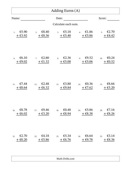 The Adding Euros With Amounts from 0.02 to 9.98 in Increments of Two Euro Cents (A) Math Worksheet