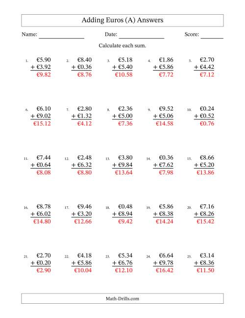 The Adding Euros With Amounts from 0.02 to 9.98 in Increments of Two Euro Cents (A) Math Worksheet Page 2