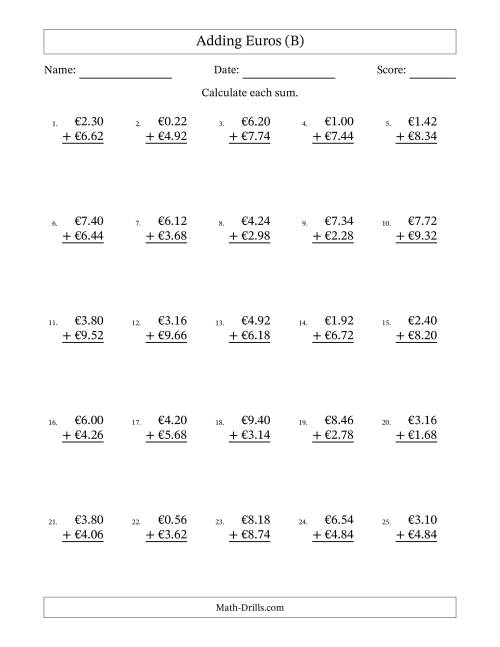 The Adding Euros With Amounts from 0.02 to 9.98 in Increments of Two Euro Cents (B) Math Worksheet