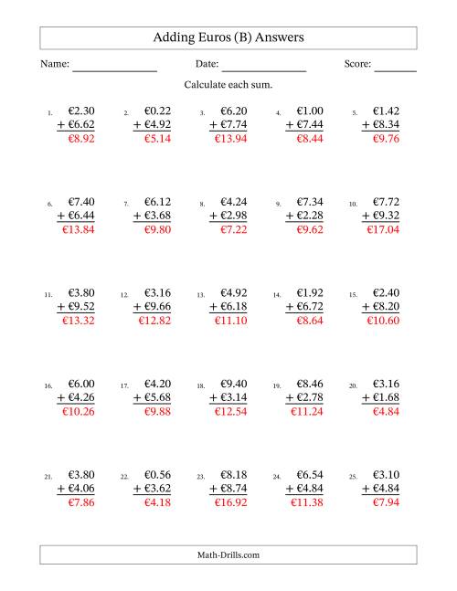 The Adding Euros With Amounts from 0.02 to 9.98 in Increments of Two Euro Cents (B) Math Worksheet Page 2