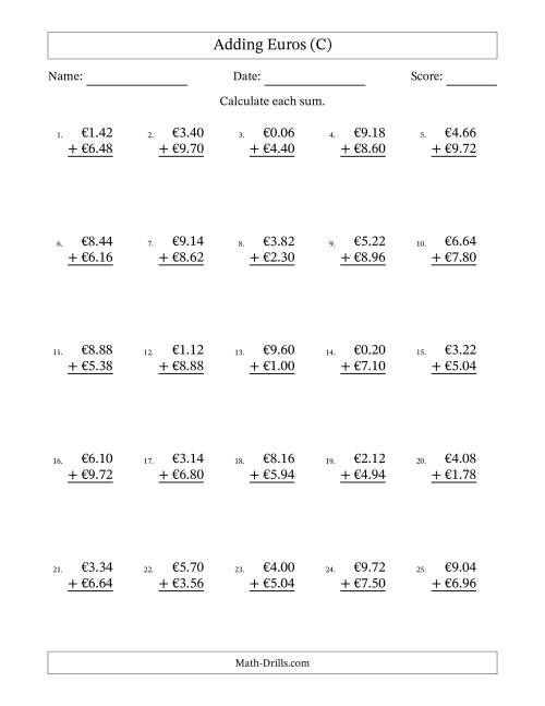 The Adding Euros With Amounts from 0.02 to 9.98 in Increments of Two Euro Cents (C) Math Worksheet