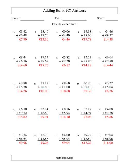 The Adding Euros With Amounts from 0.02 to 9.98 in Increments of Two Euro Cents (C) Math Worksheet Page 2