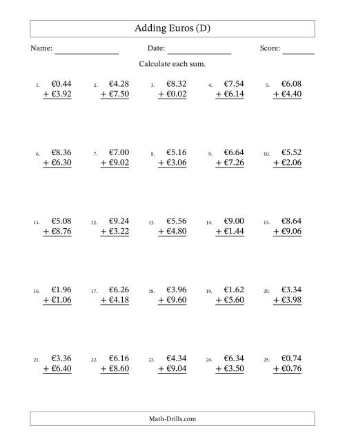 The Adding Euros With Amounts from 0.02 to 9.98 in Increments of Two Euro Cents (D) Math Worksheet