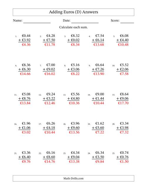 The Adding Euros With Amounts from 0.02 to 9.98 in Increments of Two Euro Cents (D) Math Worksheet Page 2