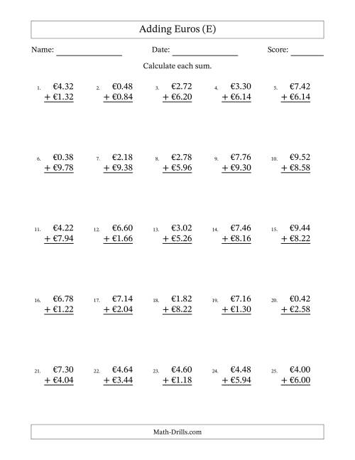 The Adding Euros With Amounts from 0.02 to 9.98 in Increments of Two Euro Cents (E) Math Worksheet