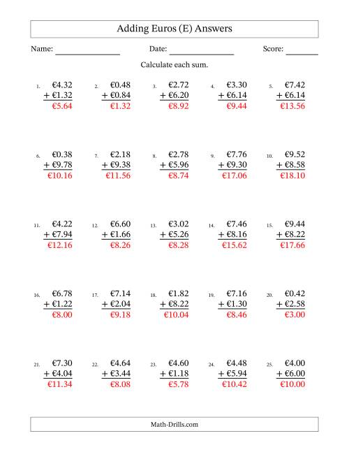 The Adding Euros With Amounts from 0.02 to 9.98 in Increments of Two Euro Cents (E) Math Worksheet Page 2