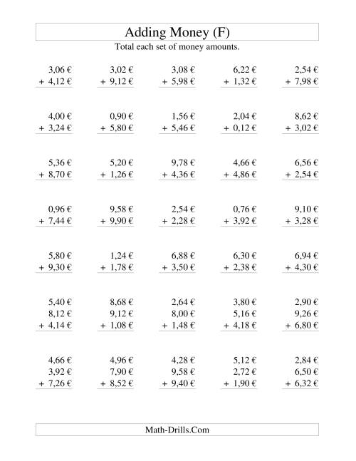 The Adding Euro Money to €10 -- Increments of 2 Euro Cents (F) Math Worksheet