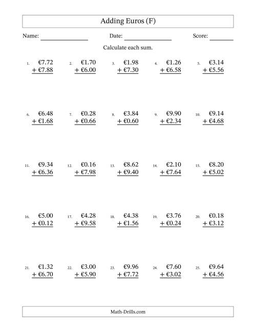 The Adding Euros With Amounts from 0.02 to 9.98 in Increments of Two Euro Cents (F) Math Worksheet