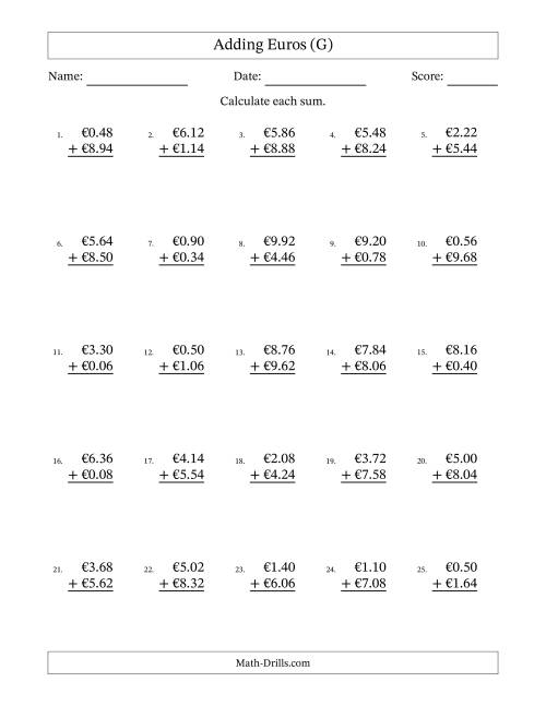 The Adding Euros With Amounts from 0.02 to 9.98 in Increments of Two Euro Cents (G) Math Worksheet