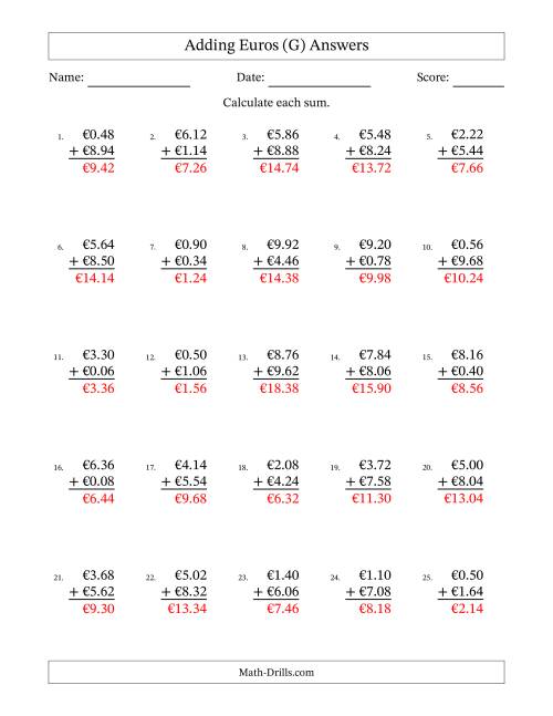 The Adding Euros With Amounts from 0.02 to 9.98 in Increments of Two Euro Cents (G) Math Worksheet Page 2