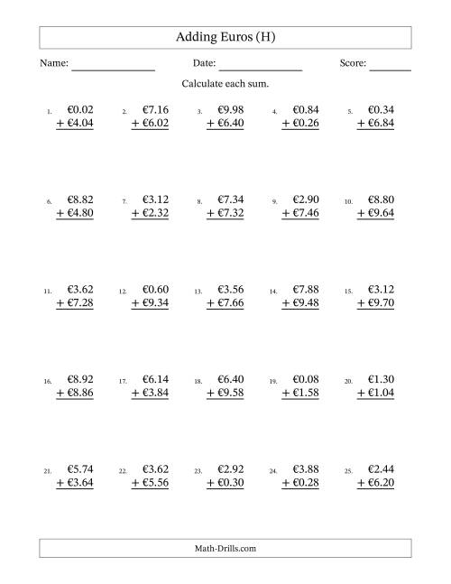 The Adding Euros With Amounts from 0.02 to 9.98 in Increments of Two Euro Cents (H) Math Worksheet