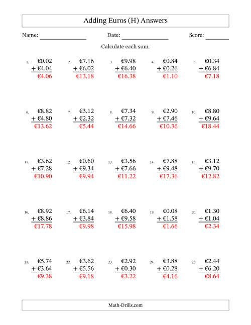 The Adding Euros With Amounts from 0.02 to 9.98 in Increments of Two Euro Cents (H) Math Worksheet Page 2