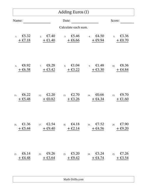 The Adding Euros With Amounts from 0.02 to 9.98 in Increments of Two Euro Cents (I) Math Worksheet