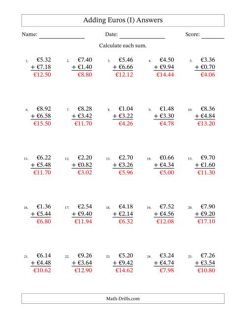 The Adding Euros With Amounts from 0.02 to 9.98 in Increments of Two Euro Cents (I) Math Worksheet Page 2