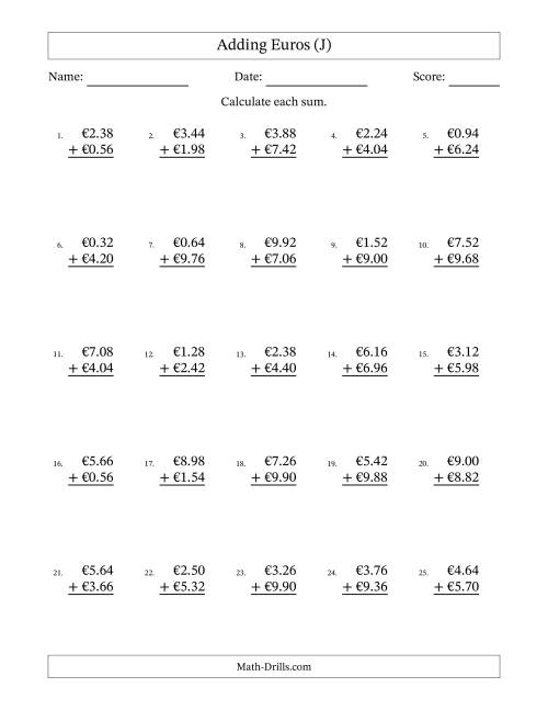 The Adding Euros With Amounts from 0.02 to 9.98 in Increments of Two Euro Cents (J) Math Worksheet