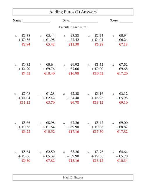 The Adding Euros With Amounts from 0.02 to 9.98 in Increments of Two Euro Cents (J) Math Worksheet Page 2