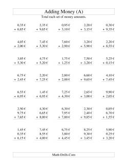 Adding Euro Money to €10 -- Increments of 5 Euro Cents