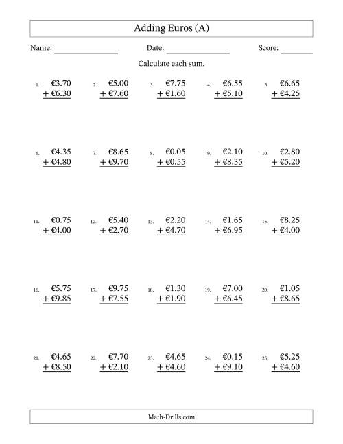 The Adding Euros With Amounts from 0.05 to 9.95 in Increments of Five Euro Cents (A) Math Worksheet