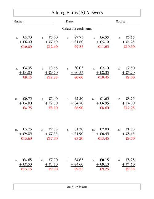 The Adding Euros With Amounts from 0.05 to 9.95 in Increments of Five Euro Cents (A) Math Worksheet Page 2