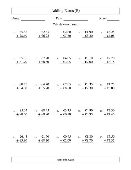 The Adding Euros With Amounts from 0.05 to 9.95 in Increments of Five Euro Cents (B) Math Worksheet