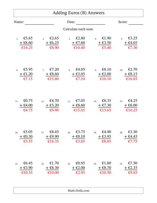 The Adding Euros With Amounts from 0.05 to 9.95 in Increments of Five Euro Cents (B) Math Worksheet Page 2