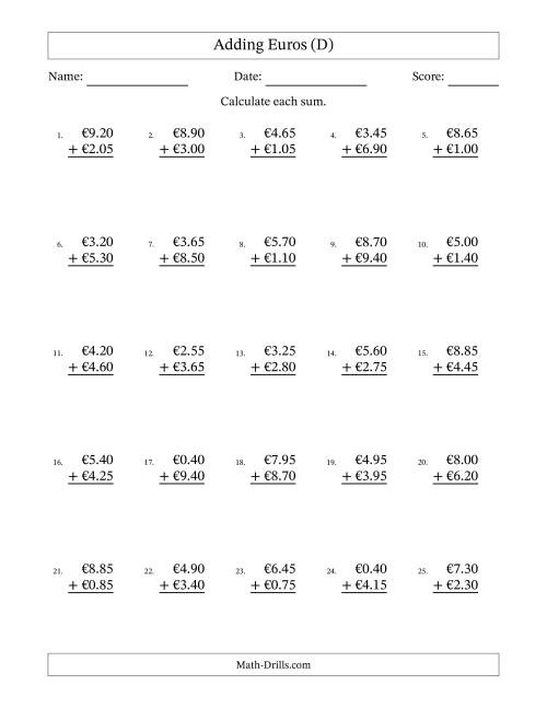 The Adding Euros With Amounts from 0.05 to 9.95 in Increments of Five Euro Cents (D) Math Worksheet