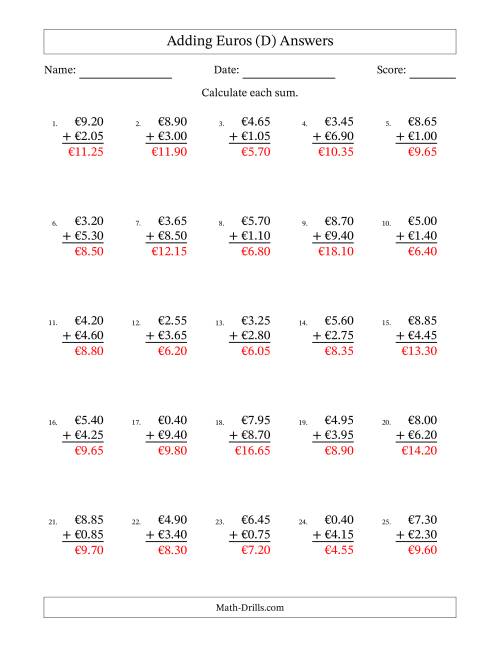 The Adding Euros With Amounts from 0.05 to 9.95 in Increments of Five Euro Cents (D) Math Worksheet Page 2