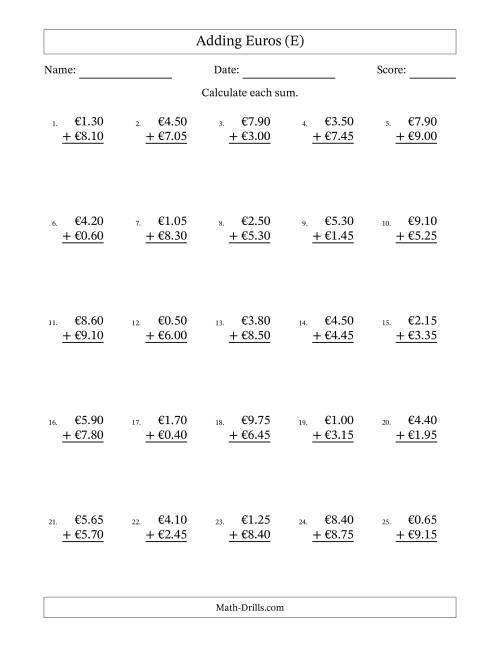 The Adding Euros With Amounts from 0.05 to 9.95 in Increments of Five Euro Cents (E) Math Worksheet