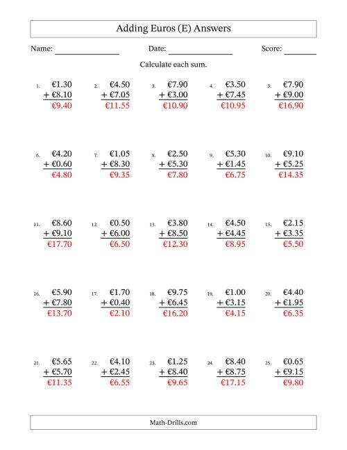 The Adding Euros With Amounts from 0.05 to 9.95 in Increments of Five Euro Cents (E) Math Worksheet Page 2