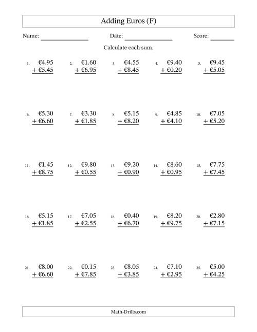 The Adding Euros With Amounts from 0.05 to 9.95 in Increments of Five Euro Cents (F) Math Worksheet