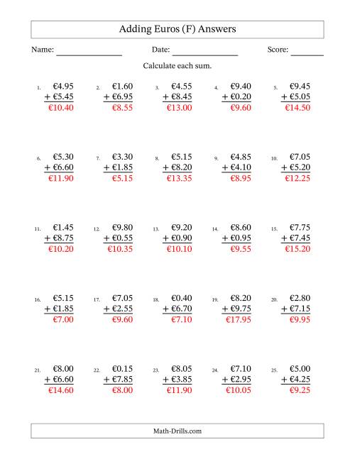 The Adding Euros With Amounts from 0.05 to 9.95 in Increments of Five Euro Cents (F) Math Worksheet Page 2