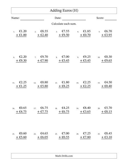 The Adding Euros With Amounts from 0.05 to 9.95 in Increments of Five Euro Cents (H) Math Worksheet