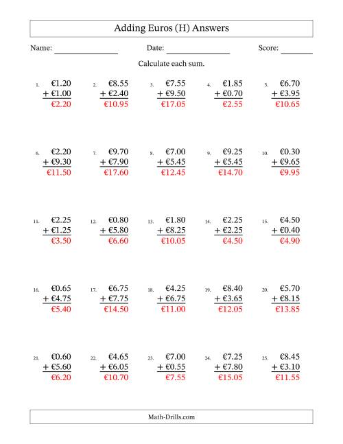 The Adding Euros With Amounts from 0.05 to 9.95 in Increments of Five Euro Cents (H) Math Worksheet Page 2