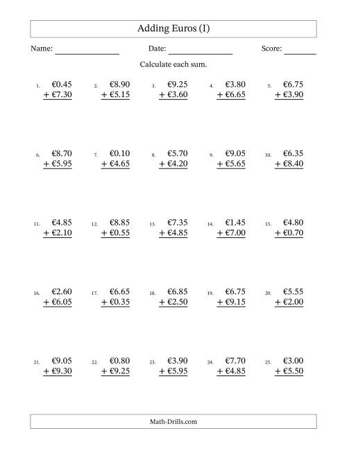 The Adding Euros With Amounts from 0.05 to 9.95 in Increments of Five Euro Cents (I) Math Worksheet