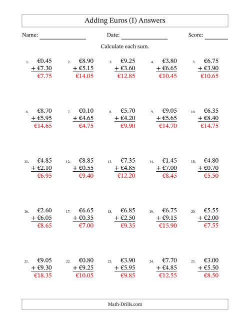 The Adding Euros With Amounts from 0.05 to 9.95 in Increments of Five Euro Cents (I) Math Worksheet Page 2