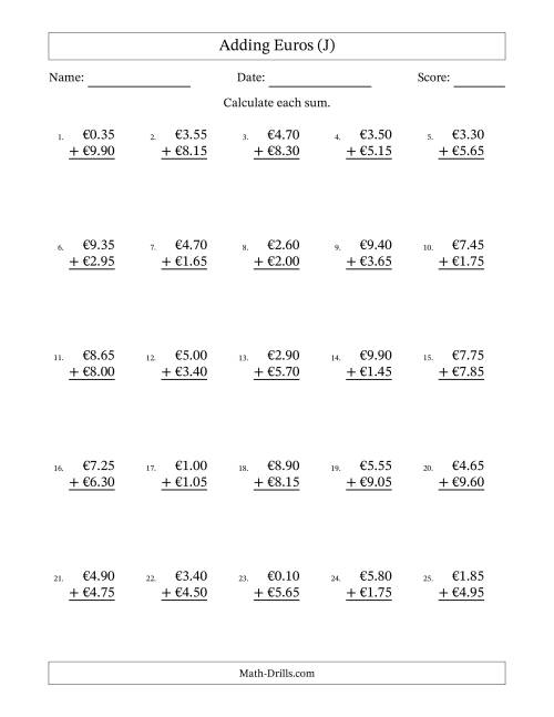 The Adding Euros With Amounts from 0.05 to 9.95 in Increments of Five Euro Cents (J) Math Worksheet