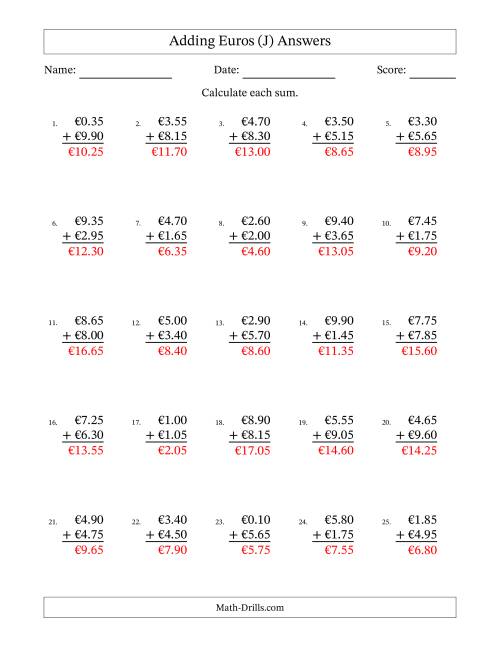 The Adding Euros With Amounts from 0.05 to 9.95 in Increments of Five Euro Cents (J) Math Worksheet Page 2