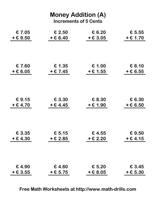 The Adding Euro Money to €10 -- Increments of 5 Euro Cents (Old) Math Worksheet