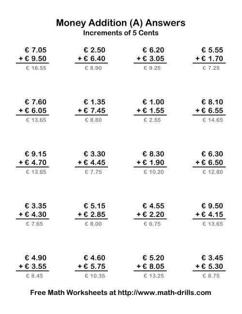 The Adding Euro Money to €10 -- Increments of 5 Euro Cents (Old) Math Worksheet Page 2