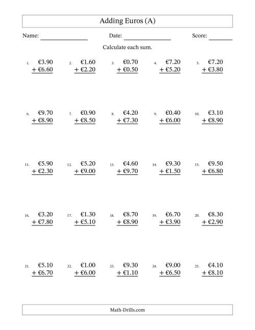 The Adding Euros With Amounts from 0.10 to 9.90 in Increments of Ten Euro Cents (A) Math Worksheet