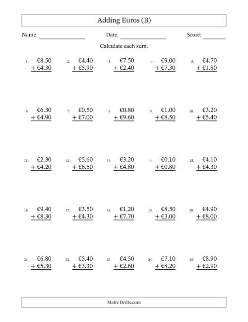 The Adding Euros With Amounts from 0.10 to 9.90 in Increments of Ten Euro Cents (B) Math Worksheet