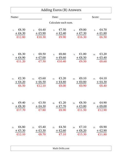 The Adding Euros With Amounts from 0.10 to 9.90 in Increments of Ten Euro Cents (B) Math Worksheet Page 2