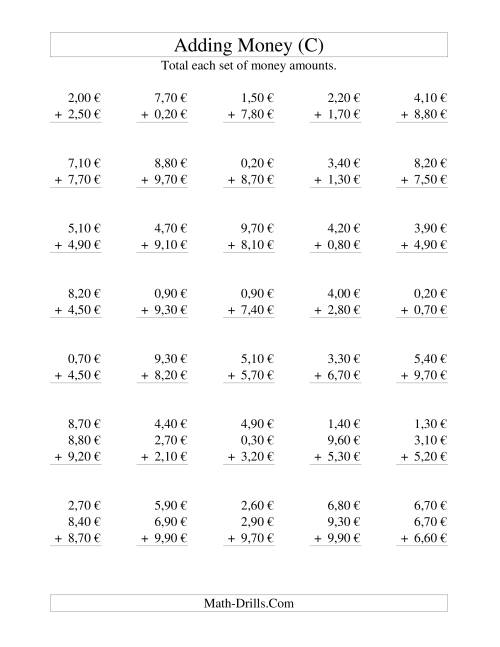 The Adding Euro Money to €10 -- Increments of 10 Euro Cents (C) Math Worksheet