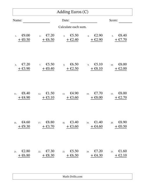 The Adding Euros With Amounts from 0.10 to 9.90 in Increments of Ten Euro Cents (C) Math Worksheet